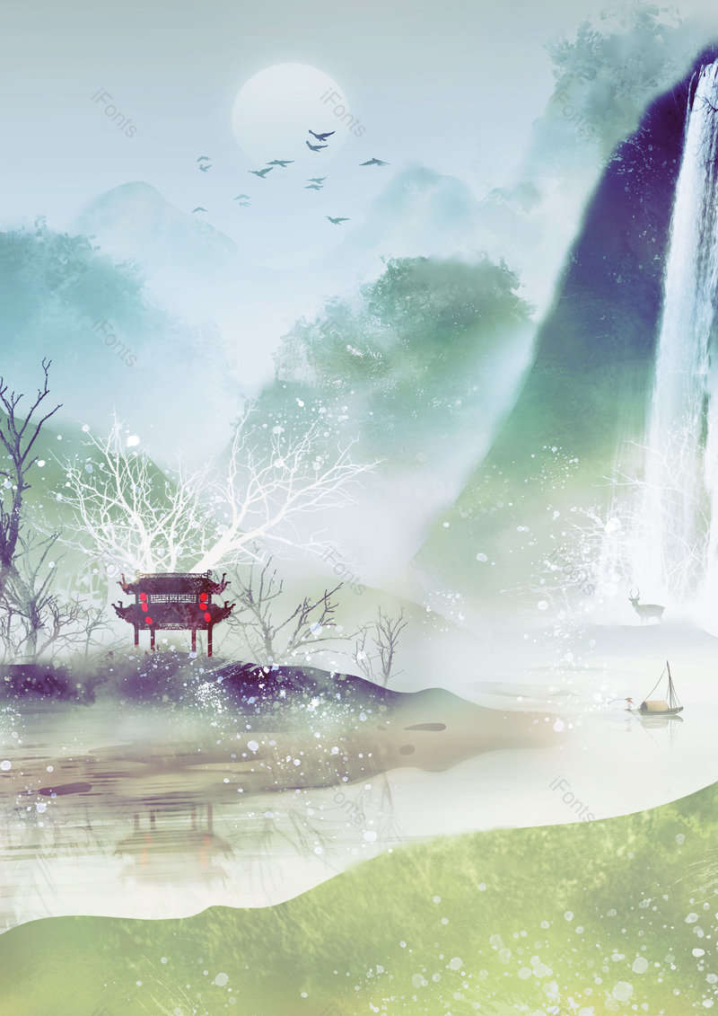 中国风手绘风景湖边唯美意境插画背景设计,插画/手绘图,插画/手绘图库,插画/手绘图下载,插画/手绘